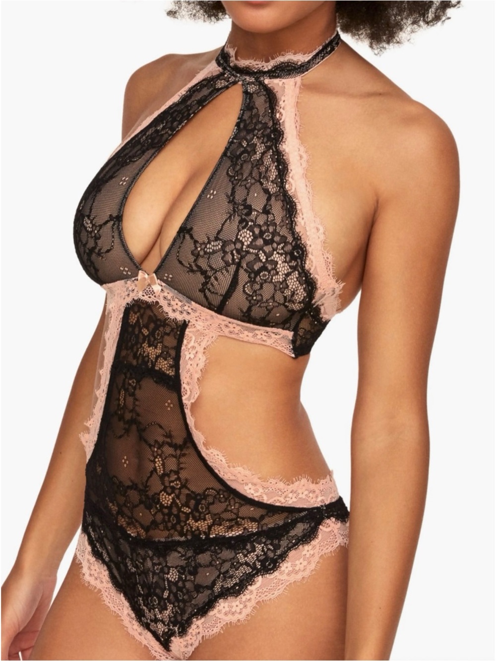 Adore Me Brescia Black and Blush Pink Lace Halter Cutout Teddy Bodysuit